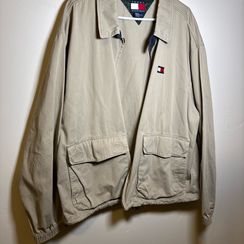 Vintage Tommy Hilfiger Men's Tan Harrington Khaki Jacket- Flag Logo 2XL